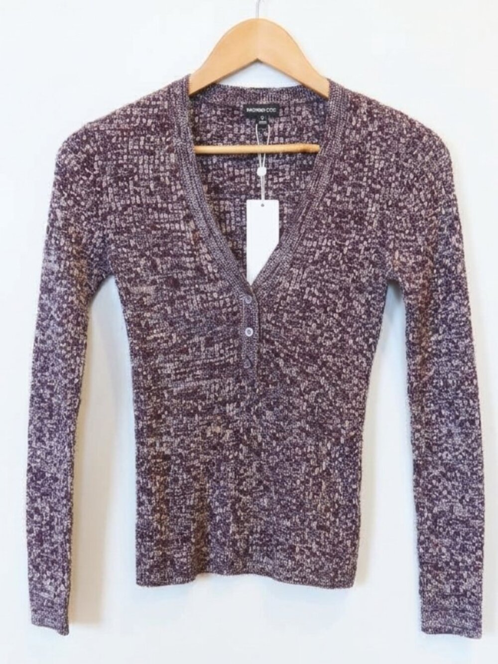 NWT MINNIE ROSE cotton cashmere rib henley sweater plum vneck soft career XS